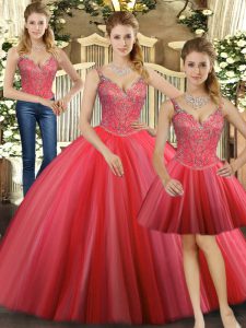 Beading Quinceanera Gowns Coral Red Lace Up Sleeveless Floor Length