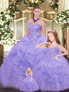 Lavender Lace Up 15th Birthday Dress Beading and Ruffles Sleeveless Floor Length