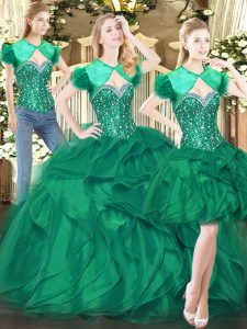 Adorable Dark Green Lace Up Quinceanera Dress Beading and Ruffles Sleeveless Floor Length