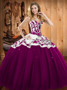 Floor Length Fuchsia Sweet 16 Dresses Satin and Tulle Sleeveless Embroidery