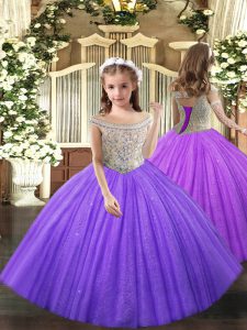 Sleeveless Floor Length Beading Lace Up Little Girl Pageant Gowns with Lavender