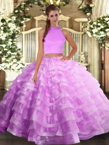 Stylish Halter Top Sleeveless Sweet 16 Quinceanera Dress Floor Length Beading and Ruffled Layers Lilac Organza
