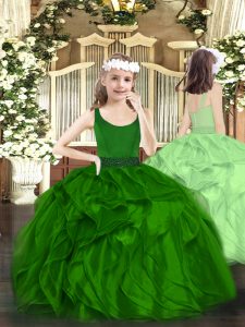Stylish Beading and Ruffles Child Pageant Dress Dark Green Zipper Sleeveless Floor Length