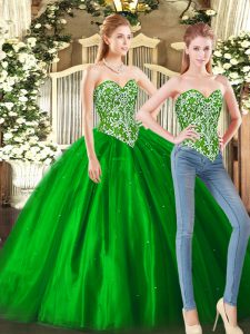 Cute Sleeveless Tulle Floor Length Lace Up Quinceanera Dresses in Green with Beading
