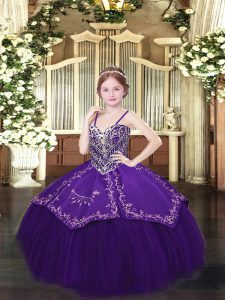 Unique Dark Purple Sleeveless Beading and Embroidery Floor Length Pageant Gowns For Girls