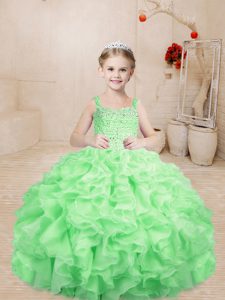 Floor Length Apple Green Little Girls Pageant Dress Straps Sleeveless Lace Up