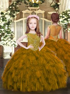 Trendy Brown Little Girls Pageant Dress Wholesale Party and Quinceanera with Beading and Ruffles Scoop Sleeveless Zipper