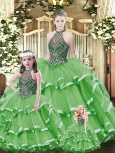 Admirable Green Halter Top Neckline Beading and Ruffled Layers Sweet 16 Dress Sleeveless Lace Up