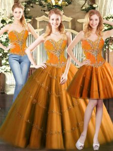 Orange Red Ball Gowns Beading Vestidos de Quinceanera Lace Up Tulle Sleeveless Floor Length