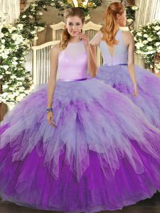 Fashionable Multi-color Organza Zipper High-neck Sleeveless Floor Length 15th Birthday Dress Ruffles