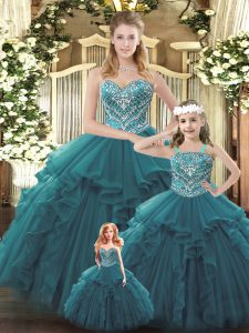 Fitting Floor Length Lace Up Quinceanera Gown Teal for Military Ball and Sweet 16 and Quinceanera with Beading and Ruffles