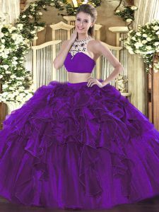 Flare Eggplant Purple Sleeveless Floor Length Beading and Ruffles Backless Quince Ball Gowns