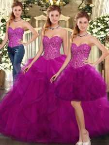 Enchanting Fuchsia Three Pieces Organza Sweetheart Sleeveless Beading and Ruffles Floor Length Lace Up Quinceanera Dress