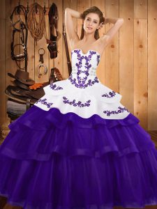 Purple Sweet 16 Quinceanera Dress Tulle Sweep Train Sleeveless Embroidery and Ruffled Layers