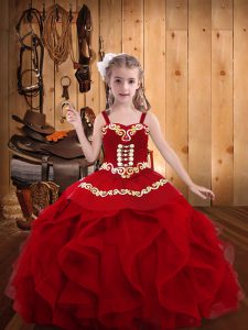 Wine Red Straps Neckline Embroidery and Ruffles Little Girl Pageant Gowns Sleeveless Lace Up