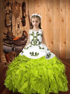 Yellow Green Ball Gowns Organza Straps Sleeveless Embroidery and Ruffles Floor Length Lace Up Kids Formal Wear