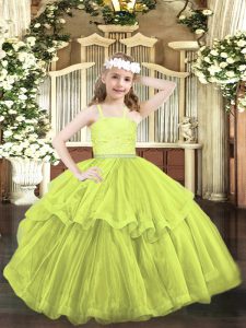 Sleeveless Organza Floor Length Zipper Pageant Gowns in Yellow Green with Beading and Lace