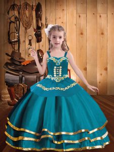 Latest Teal Ball Gowns Embroidery and Ruffled Layers Pageant Dress for Womens Lace Up Organza Sleeveless Floor Length
