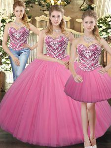 Rose Pink Tulle Lace Up 15th Birthday Dress Sleeveless Floor Length Beading