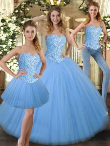 Ball Gowns Vestidos de Quinceanera Baby Blue Sweetheart Tulle Sleeveless Floor Length Lace Up