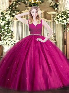 Romantic Sleeveless Floor Length Beading Zipper Quinceanera Dress with Fuchsia