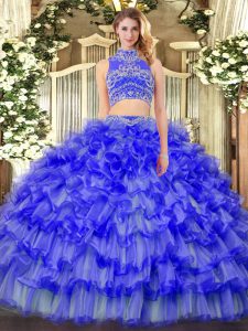 Flare Floor Length Blue Quinceanera Gown Tulle Sleeveless Beading and Ruffled Layers