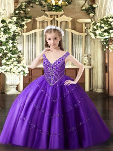 Sleeveless Lace Up Floor Length Beading and Appliques Little Girls Pageant Gowns