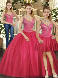 Hot Pink Three Pieces Beading Quinceanera Dress Lace Up Tulle Sleeveless Floor Length