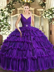 Suitable Floor Length Ball Gowns Sleeveless Purple Quince Ball Gowns Backless