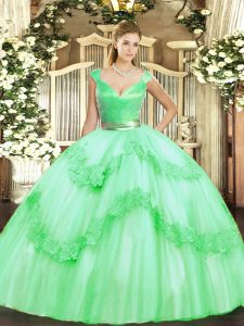 Admirable Apple Green Ball Gowns V-neck Sleeveless Tulle Floor Length Zipper Beading and Appliques Quince Ball Gowns