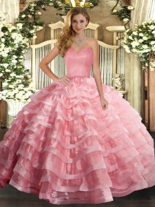 High Quality Watermelon Red Organza Lace Up Vestidos de Quinceanera Sleeveless Floor Length Ruffled Layers