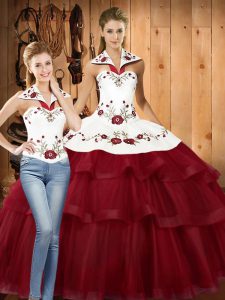 Glamorous Wine Red Sleeveless Satin and Organza Sweep Train Lace Up 15 Quinceanera Dress for Military Ball and Sweet 16 and Quinceanera