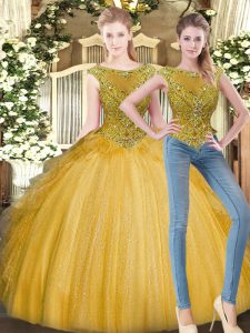 Floor Length Zipper 15th Birthday Dress Gold for Military Ball and Sweet 16 and Quinceanera with Beading and Ruffles