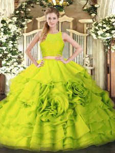 Fine Yellow Green Tulle Zipper Ball Gown Prom Dress Sleeveless Floor Length Ruffles