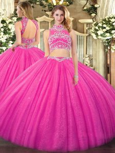 Sleeveless Floor Length Beading Backless Sweet 16 Dress with Hot Pink