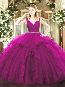 Hot Sale Fuchsia Ball Gowns V-neck Sleeveless Tulle Floor Length Zipper Beading and Ruffles Quinceanera Gowns