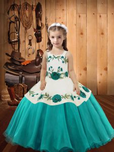 Fancy Aqua Blue Organza Lace Up Pageant Dress for Girls Sleeveless Floor Length Embroidery