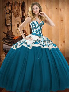 Fashionable Teal Satin and Tulle Lace Up Sweet 16 Dress Sleeveless Floor Length Embroidery