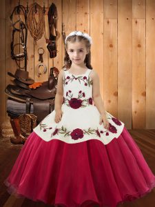 Sleeveless Floor Length Embroidery Lace Up Girls Pageant Dresses with Red