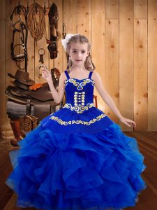 Fancy Straps Sleeveless Organza Little Girls Pageant Gowns Embroidery and Ruffles Lace Up