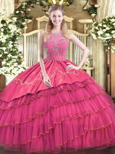 Floor Length Hot Pink Quinceanera Gowns Satin and Tulle Sleeveless Beading and Embroidery and Ruffled Layers