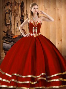 Wine Red Sweetheart Neckline Embroidery and Bowknot Quince Ball Gowns Sleeveless Lace Up