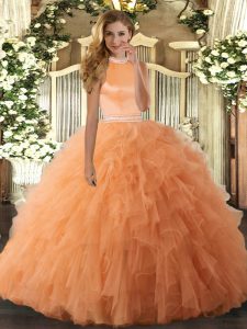 Super Ball Gowns Vestidos de Quinceanera Orange Halter Top Organza Sleeveless Floor Length Backless