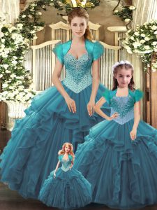 Sleeveless Tulle Floor Length Lace Up Ball Gown Prom Dress in Teal with Beading and Ruffles