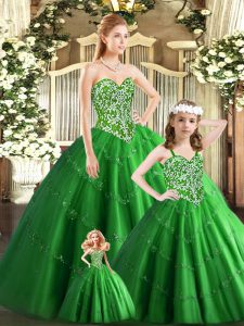 Green Sleeveless Tulle Lace Up Quinceanera Gowns for Military Ball and Sweet 16 and Quinceanera