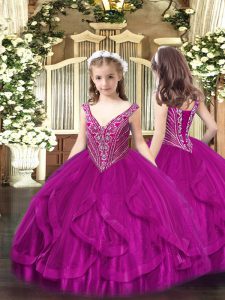 Trendy Floor Length Fuchsia Little Girl Pageant Dress V-neck Sleeveless Lace Up