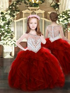 Beautiful Wine Red Ball Gowns Organza Scoop Sleeveless Beading and Ruffles Floor Length Zipper Little Girls Pageant Dress Wholesale