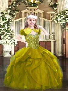 Tulle Straps Sleeveless Lace Up Beading and Ruffles Girls Pageant Dresses in Olive Green