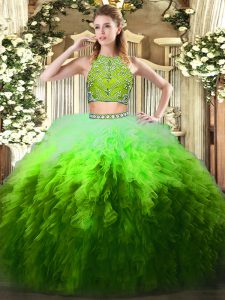 Tulle High-neck Sleeveless Zipper Beading and Ruffles Quinceanera Dresses in Multi-color