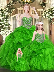 Flirting Green Ball Gowns Beading and Ruffles Sweet 16 Quinceanera Dress Lace Up Organza Sleeveless Floor Length